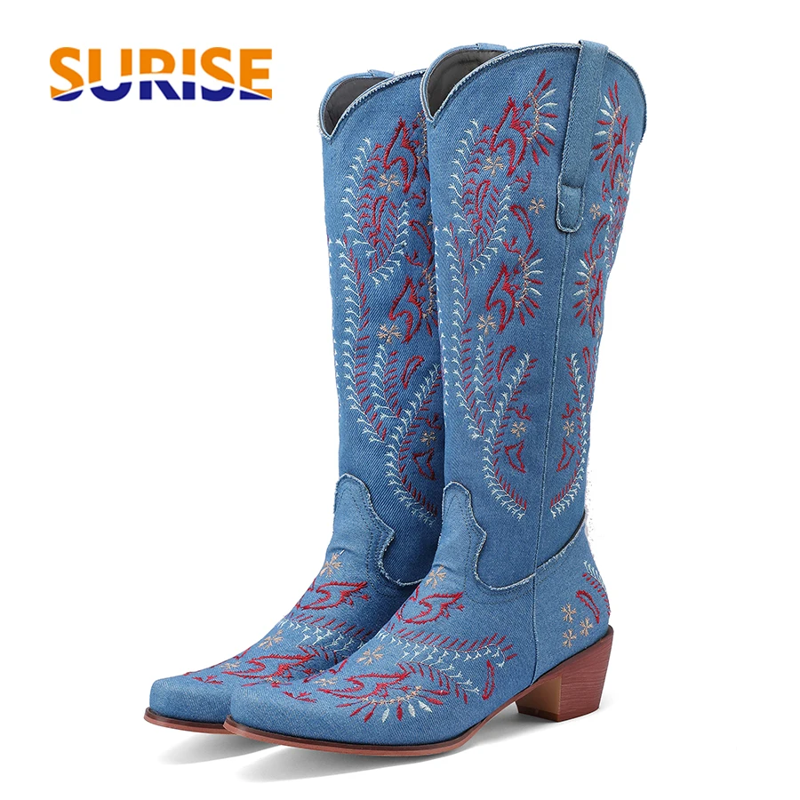 Embroidery Yes - Mavi Denim Batı Cowgirl Diz Yüksek